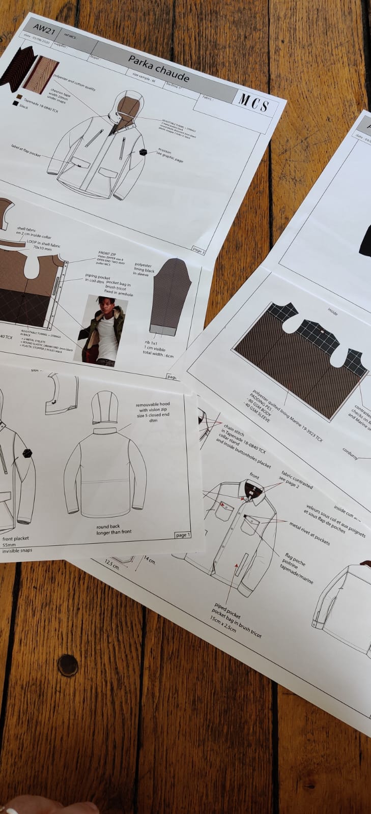Dossier technique d'une parka : coupes, doublures et détails de montage cotés