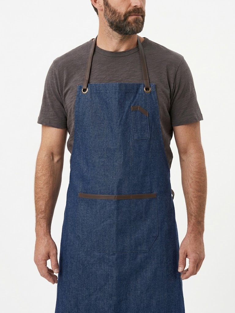 Tablier de service en denim avec poche ventrale et bretelles cuir